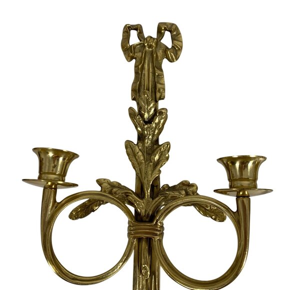 PAIR Ornate Bow Ribbon/Tassel Horn Vintage Brass Wall Sconce Candle Stick Holder - Picture 5 of 6